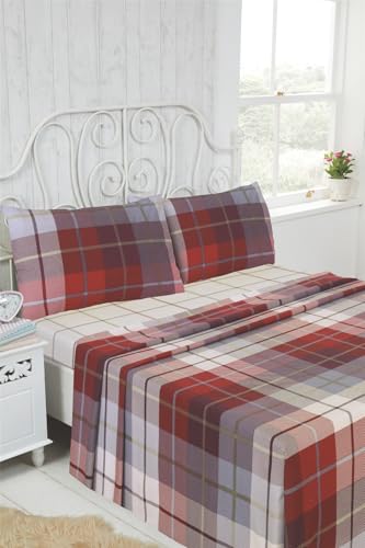 Rapport home Brushed Cotton Flannelette Sheet Set Lomond King Size in Red, Includes Flat and Fitted Sheet and 2 Pillowcases – Soft, Warm, Breathable Bedding for Winter Comfort
