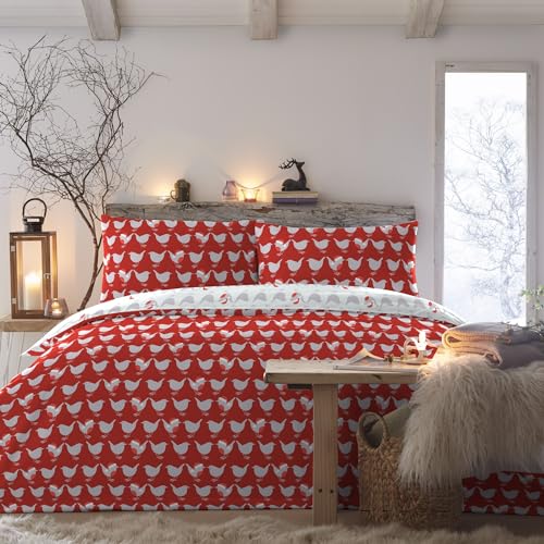 Fusion Christmas Red Robin Duvet Cover, Single 140x200cm, Reversible, 1 Pillowcase, Red & White Holiday Bedding