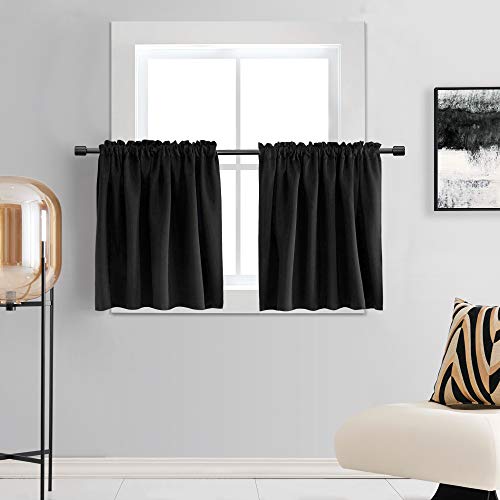DONREN 36 Inch Length Tier Curtains- 2 Panels Blackout Thermal Insulating Small Valance Curtains for Nursery with Rod Pocket (Black,30 Inches Wide by 36 Inches Long)