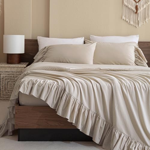 QSH 100% Cotton Queen Sheet Set,Ruffle Bed Sheets Linen Feel Textured Farmhouse Shabby Vintage Chic Bedding 4 Pieces Aesthetic French Country Queen Bed Set Soft Breathable