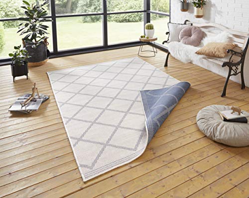 NORTHRUGS Corsica Indoor and Outdoor Rug 80 x 150 cm - Reversible Rug Weatherproof Modern Geometric Pattern Runner for Balcony Patio Garden Conservatory Living Room Rug Waterproof in Blue Cream
