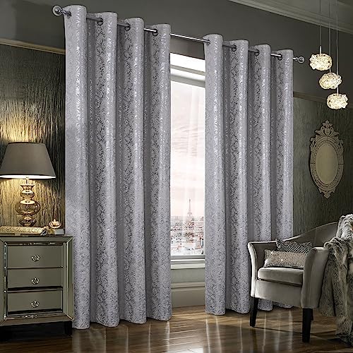 always4u 100% Blackout Foil Print Ridged Velvet Curtains Damask 108 Inches Long Drapes 2 Panels Shiny Metallic Window Treatment Silver 54 * 108 Inches