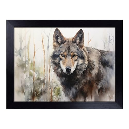 Lap Tray with Bean Bag Cushion, Wolf Watercolour - Handmade in the UK, Raised Wooden Edge, Padded Cushion, Heat-Resistant Wipe-Clean Surface, for Meals, Laptops and Crafts