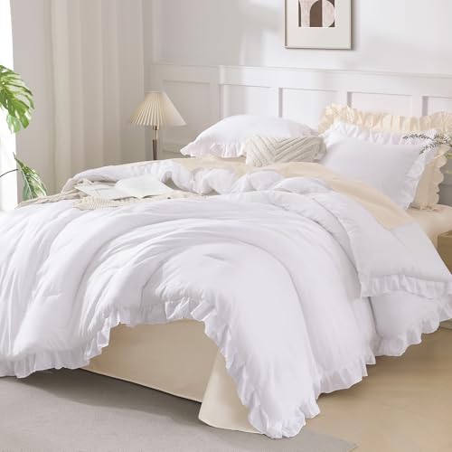 Andency California King Ruffle Comforter Set White, 3 Pieces Solid Bedding - Cal King Soft Lightweight All Season Shabby Chic Ruffle Bedding Sets Home Decor Bed Set Gift for Girls Daughter Women
