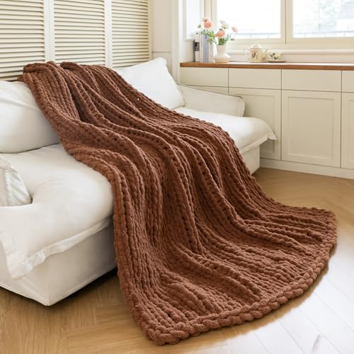 Larexius Chunky Knit Blanket - Luxury Soft Cozy 50 * 60 Throw Blanket,100% Woven Blanket Rope Knot Throw Blanket for Couch, Sofa, Home Decor, Gift - Machine Washable (Reddish-Brown, 50 * 60)