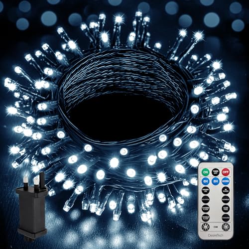 Desiretech - LED Plug-in Christmas Lights - Waterproof Holiday String Lights with Remote, 8 Modes, Timer for Christmas Trees, Garlands, Wreaths and Festive Decor, Dimmable (Cool White, 30m / 300 LED)