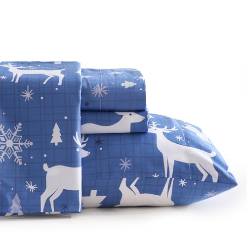 JSD Blue Buffalo Plaid Deer Printed Cotton Twin Sheet Set Deep Pocket - 3 Piece 300 Thread Count Sateen Sheets, Soft Breathable Cooling Sheets for Sensitive Skin, Oeko-Tex Certified
