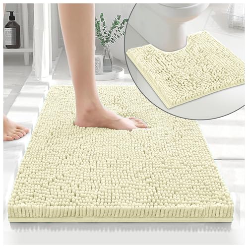 GC GAVENO CAVAILIA Soft Bath Mat Sets For Bathroom - 2 Piece Bath Mat Non Slip Back - Highly Water Absorbent & Fast Drying 100% Microfiber Chenille Toilet Rug with Pedestal Mat - Cream