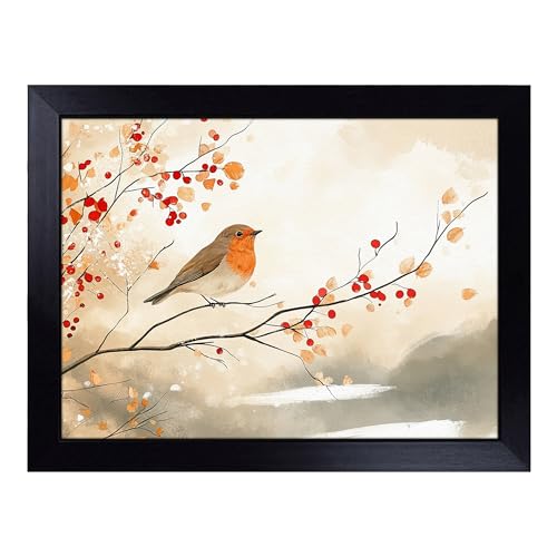 Lap Tray with Bean Bag Cushion, Robin Bird Graphic - Handmade in the UK, Raised Wooden Edge, Padded Cushion, Heat-Resistant Wipe-Clean Surface, for Meals, Laptops and Crafts