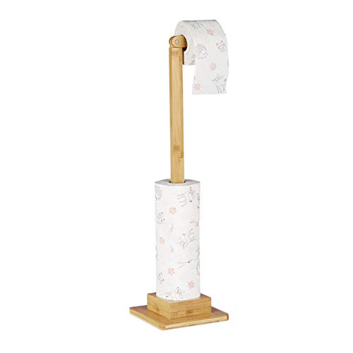 Relaxdays Toilet Roll Holder, Free-standing, Narrow, Extra Storage, Bathroom, No Drill, HxWxD 71.5x23.5x19 cm, Natural