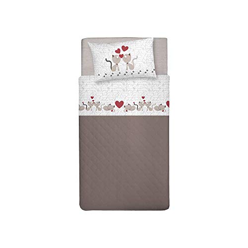 PENSIERI DELICATI Single Bed Sheet Set, 100% Cotton, 90 x 200 cm Single Bed Sheet Set, Includes Bottom Sheet, Top Sheet and 1 Pillowcase, Made in Italy, Beige Kittens Pattern