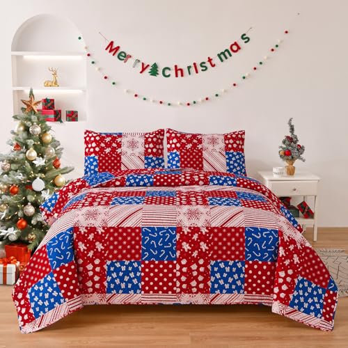 Hailea Christmas Bedspread Coverlet King Size Xmas Quilt Snowman Gift Box Bedding Set Lightweight Reversible Red Navy Plaid Quilt Bedspread Christmas Lodge Coverlet Snowflake Lantern Decor(Red,Queen)