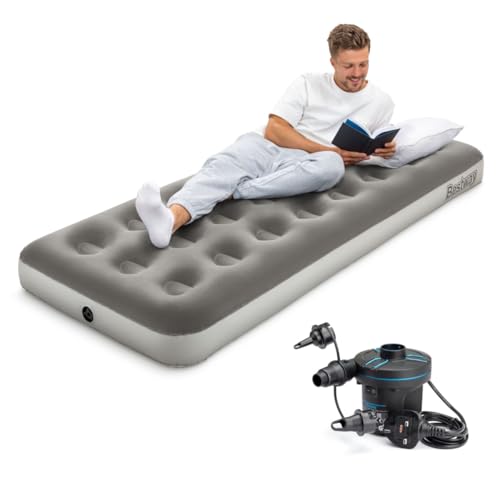 Bestway Premium Camping Single Airbed with Handheld Electric Pump - Single Flocked Inflatable Bed Portable, Air Mattress, Outdoor Camping Bed, Fast Inflation