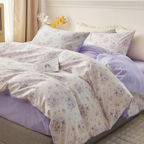 HighBuy Boho Floral Comforter Set Queen Purple Flower Bedding Comforter Set Comfy for Queen Bed,Luxurious Soft Floral Comforter with 2 Pillowcases Women Girl Botanical Cooling Comforter Sets