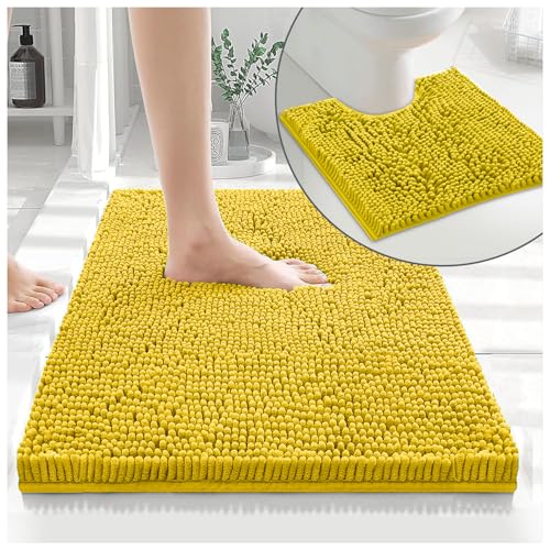 GC GAVENO CAVAILIA Soft Bath Mat Sets For Bathroom - 2 Piece Bath Mat Non Slip Back - Highly Water Absorbent & Fast Drying 100% Microfiber Chenille Toilet Rug with Pedestal Mat - Ochre