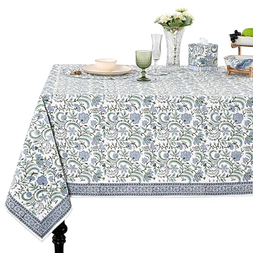 "Ridhi Columbia Blue Hand Block Print Cotton Rectangle Tablecloth 118"" x 70"" inches Reusable Table Cover Decorative Everyday Use for Dining Room, Farmhouse, Home Gift for Spring, Mother's Day"