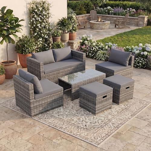 Garden Vida Islay 6 Seater Rattan Seating Set With Cover - Grey - Fully Assembled - Complete Outdoor Patio Garden Furniture Set - Steel Frame & PE Wicker - UKFR Certified - Weather Resistant