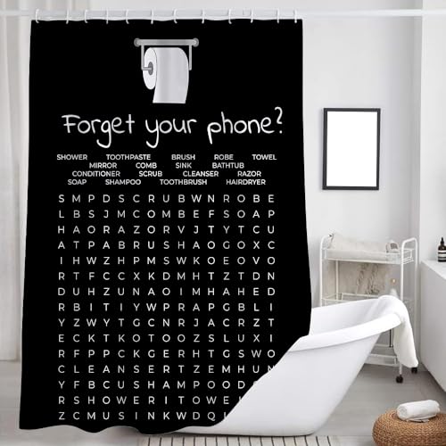 VEIVIAN Funny Bathroom Decor Shower Curtain Balck and White Bath Curtain, Fun Bathroom Word Search Forget Your Phone Bathroom Humor Shower Curtain Fabric Bathroom Accessories with Hooks 70X70IN