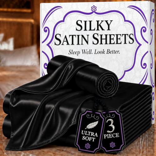 DECOLURE 3 Pieces 8 Colors Silk Satin Bedding Set - with Pillowcase,Satin Fitted Sheet - Single, Black