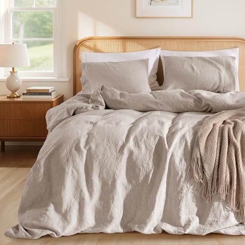 LBRO2M 100% France Linen Duvet Cover Set Full Size 3 Pcs Flax Comforter Cover with Zipper Closure 2 Pillowcase 1 Breathable Duvet Cover (Linen Full)