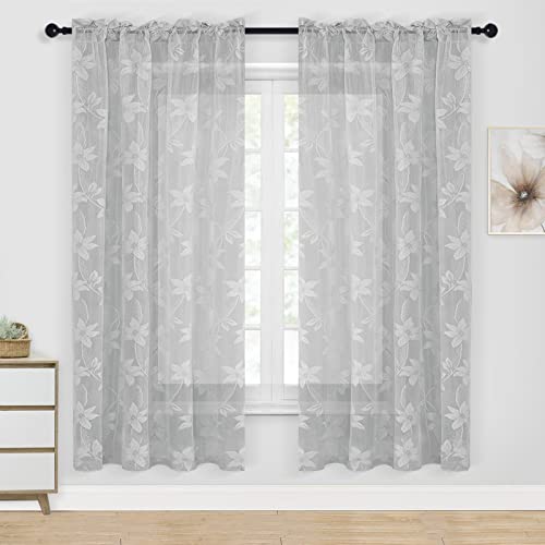 DWCN Grey Sheer Curtains - Floral Lace Curtains 63 inch Length Rod Pocket Window Voile Sheer Drapes for Bedroom Kitchen Short Curtains, Set of 2, Grey, 42 x 63 inches