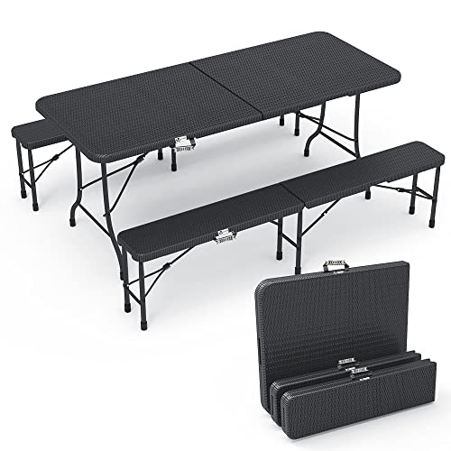 VOUNOT Beer Bar Set with 2 Folding Benches 180 cm Rattan Effect Garden Furniture Set with Carry Handle for Outdoor Camping Picnic, Black, 180 x 75 x 72 cm