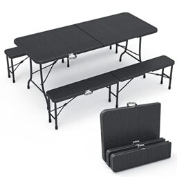 VOUNOT® Folding Table Bench Set Trestle Portable Party Picnic BBQ Camping Set With Metal Frame Indoor Outdoor Garden, Black