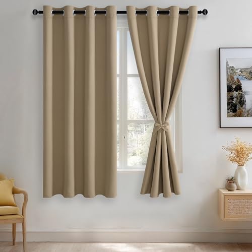 JIUZHEN Blackout Curtains with Tiebacks - Thermal Insulated, Light Blocking and Noise Reducing Grommet Curtains for Bedroom and Living Room, Set of 2 Window Curtain Panels, 52 x 63 Inch Length???Camel