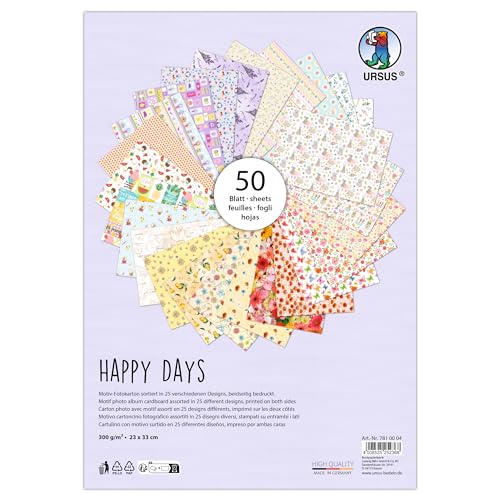 Ursus Happy Days 7810004 Photo Card 50 Sheets Approx. 23 x 33 cm 300 g/m?? Printed on Both Sides with 25 Floral Motifs Made of Fresh Cellulose for Versatile Crafts