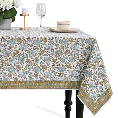 "CPC Tablecloth 100% Cotton 60""x90"" Indian Block Print Rectangle Table Cover, Washable Table Cloth for Weddings-Memorial Day Tablecloth- Topaz Blue"