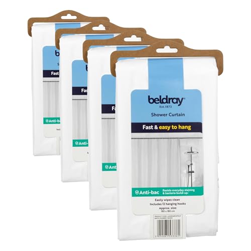 Beldray Antibac Shower Curtain - Treated With Zinc Pyrithione, Prevents Odours & Against Harmful Bacteria, Includes 12 Hanging Hooks, Wipe Clean, Easy Hang, Approx. Size 180 x 180cm, LA028268UFFEU7
