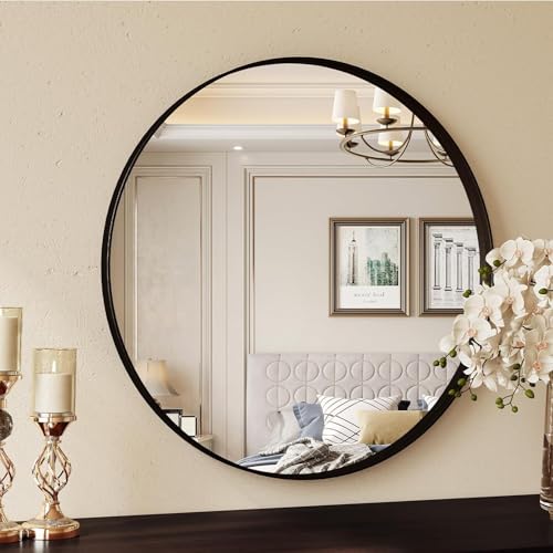 Clevich Round Wall Mirror 60cm, Black Framed Circle Mirror with Tempered Safety Glass, large Decorative Hanging Vanity Mirror for Wall, Hallway, Bathroom, Living Room & Bedroom Decor