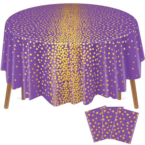 VitalCozy 3 Pcs Round Dot Tablecloth 84 Inch Plastic Table Cover Polka Dot Confetti Tablecloths for Halloween Fall Thanksgiving Wedding Birthday Party Supplies (Purple and Gold)