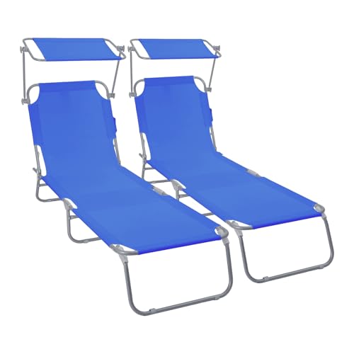 VOUNOT® Set of 2 Folding Sun Lounger with Adjustable Backrest & Sunshade, 4-Position Reclining Sun Bed, Portable Outdoor Garden Chair, Max Load 120kg, Blue