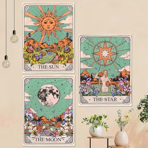 Aipon Tarot Tapestry Cute Tarot Card Tapestries 3 Pack Sun Moon Star Green Floral Flower Small Aesthetic Tapestry Wall Hanging for Bedroom Living Room Dorm (20'' ?? 27'')