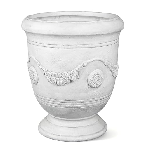 "Greens Word Large Urn Planter Magnesium Oxide Plant Pot with Cement Texture Concrete Urn Planters with Drainage Hole, 14"" Dia x 17.5"", White"