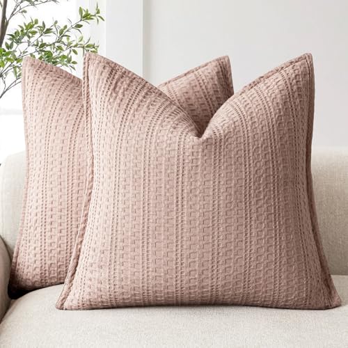 Foindtower Set of 2 Decorative Cotton Waffle Weave Throw Pillow Covers Euro Shams Cushion Covers Accent European Pillowcase for Bed Couch Sofa Bedroom Living Room Home Decor 22??22 Inch Dusty Pink