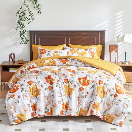 Botanical Comforter Sheet Set White Flower Bed in a Bag 7 Pieces Queen Size Bedding Set (1 Comforter 2 Pillow Shams 1 Flat Sheet 1 Fitted Sheet 2 Pillowcases)