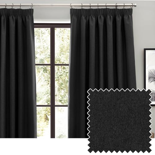 furn. Dawn Textured Blackout Pencil Pleat Curtains – Thermal Lined Pair (Black - Width 229 x Drop 137cm)