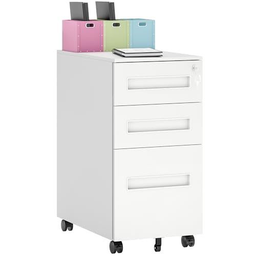 Vinsetto 3 Drawer Mobile File Cabinet, Metal Filing Cabinet with Lock and 5 Wheels for A4/Legal/Letter Sized Documents, Hanging File Folders, Pre-Assembled Body, 30 x 43.5 x 60 cm, White