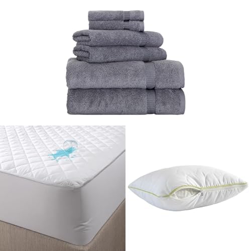 BERIBO Comfort Towel Set with Pillow & Mattress Protector (Small Double, Grey)