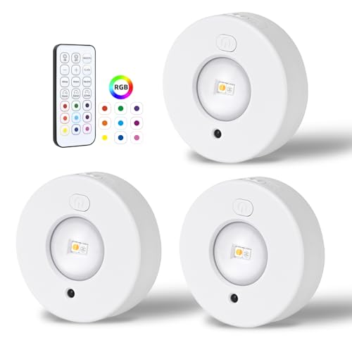 Rechargeable Under Cabinet Lights, 3 Pack 6000K Dimmable LED Puck Lights with Remote Control & 11 Colour Changing & Brightness Adjustable, Stick-On Wireless Lights for Kitchen, Wardrobe, Cupboard