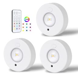 Rechargeable Under Cabinet Lights, 3 Pack 6000K Dimmable LED Puck Lights with Remote Control & 11 Colour Changing & Brightness Adjustable, Stick-On Wireless Lights for Kitchen, Wardrobe, Cupboard