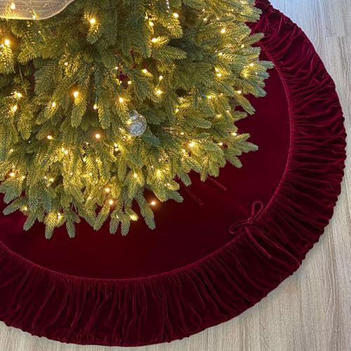 Starry Dynamo 72-Inch Ruffled Velvet Christmas Tree Skirt with Lace Ties, Wine