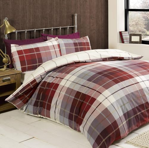 Rapport Home 100% Brushed Cotton Single Duvet Cover Set - Cosy Soft Red Bedding with 1 Pillowcase (200 x 135 cm)