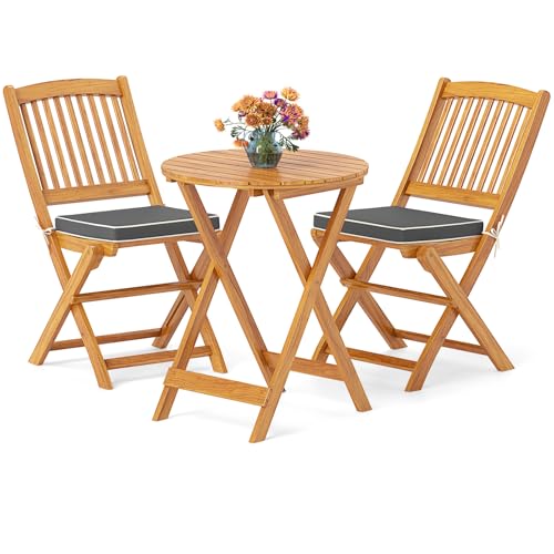 GiantexUK 3PCS Folding Outdoor Bistro Set, Acacia Wood Round Patio Table and 2 Chairs with Cushions, Garden Dining Furniture Set for Patio Balcony Poolside (Grey)