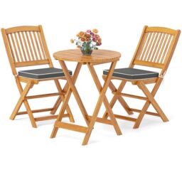 GiantexUK 3PCS Folding Outdoor Bistro Set, Acacia Wood Round Patio Table and 2 Chairs with Cushions, Garden Dining Furniture Set for Patio Balcony Poolside (Grey)