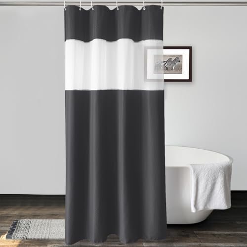 UFRIDAY Waffle Weave Fabric Shower Curtain with Mesh Window, Heavy Duty Decorative Bathroom Curtain with White Pique Pattern, Spa-Like Hotel Luxury, Water-Repellent,36 x 72 Inches