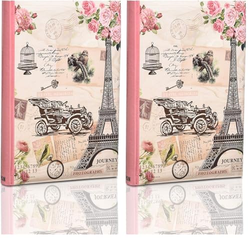 ARPAN 300 Photo Album 4x6 Slip In Memo, Bookbound Large Photo Album with Memo Space, Index Pages & CD/DVD Pocket (Pink Vintage Design) (Pack of 2)