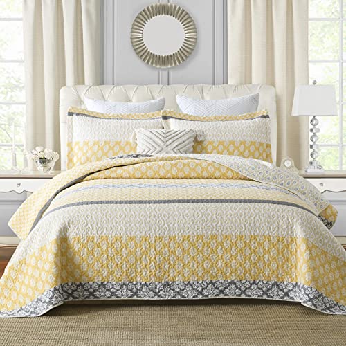 SahSahCasa Quilt King Size, King Quilt Set, 100% Cotton Floral Quilt, King Quilt Bedding Set Bedspreads, Patchwork Reversible Lightweight Comforter Bed Spread for All Season, Yellow/Gray, 3 Pieces